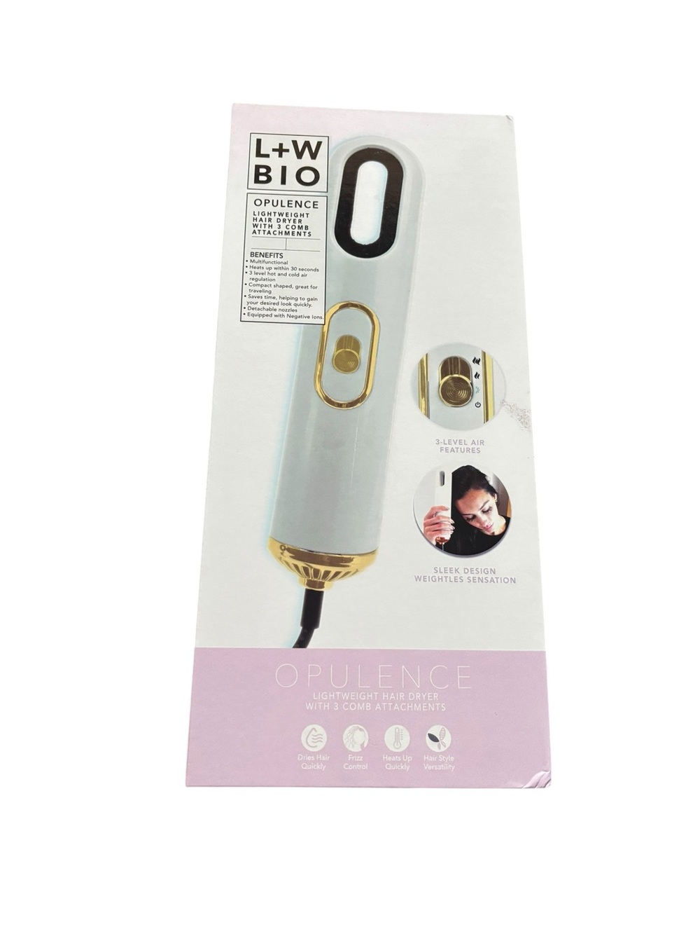 L+W Bio Opulence Lightweight Hair Dryer with 3 Comb Attachments